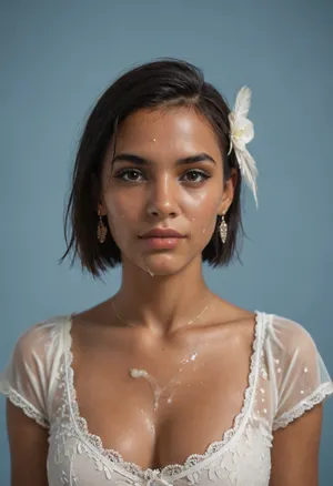 (brown skinned Indian woman:1.3), (dark skinned lips), (convex nose, slender arched nose:1.2), (sleek straight cut hair:1.3), arrogant, (shoulder hair), (black hair), hooked nose, plucked eyebrows, dark complexion, (transparent liquid, wet face), (cum on her face, bukakke), white summer dress, cleavage, dark blue background, short sleeves, puffer sleeves, (flower print on dress:.8), (haute couture feather head accessory:1.1), millinery, fascinator, faint smile