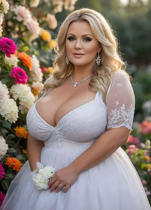 Russian beauty, Anna Semenovich, mature milf, (obsess:2), (oversized bbw:1.6), (oversized thick thighs), (Oversized wide hips), ((saggy boobs)), (Wide large ass), Long eyelash. Smokey eyes makeup. Long length straight hair, white blonde hair. Big earrings, big necklace, wearing white transparent dress with wide decolette. open mouth, happy., ((Flowers diadem)), . Lots of details, high quality photo, 8k photo, rich colors photo. flowers landscape, sunrise., <lora:MJ52:2>, <lora:SDXLHighDetail_v6-000005:1.4>, <lora:CinematicStyle_v1:2>