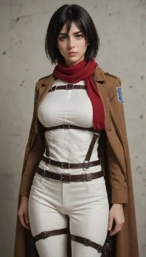 (Character), Mikasa Ackerman from Attack on Titan, (Costume), wearing her Survey Corps uniform, including a dark green cloak, brown leather jacket, white pants, and red scarf, (Physique), detail face, She has her black hair tied back, large bust, curvy physique, (Accessories), holding dual Omni-Directional Mobility Gear blades, (Background), simple plain wall, (Expression), capturing her fierce and determined demeanor, confident expression, (Image quality), 8k resolution, high definition, ultra high clarity.