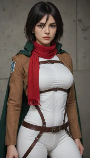 (Character), Mikasa Ackerman from Attack on Titan, (Costume), wearing her Survey Corps uniform, including a dark green cloak, brown leather jacket, white pants, and red scarf, (Physique), detail face, She has her black hair tied back, large bust, curvy physique, (Accessories), holding dual Omni-Directional Mobility Gear blades, (Background), simple plain wall, (Expression), capturing her fierce and determined demeanor, confident expression, (Image quality), 8k resolution, high definition, ultra high clarity.