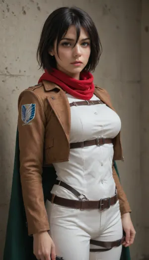 (Character), Mikasa Ackerman from Attack on Titan, (Costume), wearing her Survey Corps uniform, including a dark green cloak, brown leather jacket, white pants, and red scarf, (Physique), detail face, She has her black hair tied back, large bust, curvy physique, (Accessories), holding dual Omni-Directional Mobility Gear blades, (Background), simple plain wall, (Expression), capturing her fierce and determined demeanor, confident expression, (Image quality), 8k resolution, high definition, ultra high clarity.