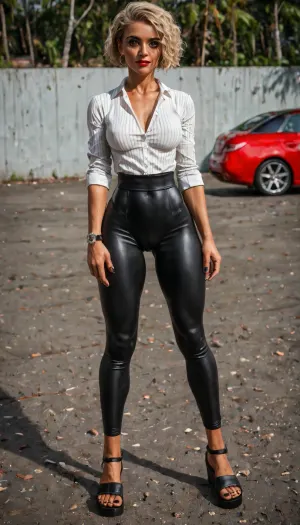 athletic female fitness mommy, milf, (55 years old), torpedo breasts, tall, tanned, skinny, (striped dress shirt:1), (low waist black skin tight leather leggins:1), (flat leather sandals), blonde pixie haircut, expensive patek philippe natilus sports watch, rich, posh, chavette, (skin:1.3), [GothGal, better_leggings], skintight, pants, woman, style, txbeachlovers, uberfit, athletic, f1t_k1tty, SaggySlimXL, uhang, yhang, advntr, 111cine8matic55