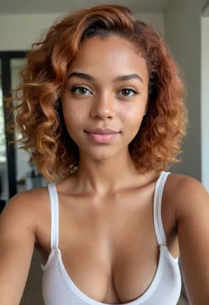 Ultra-realistic selfie of an 18-year-old short Black African girl, height 155 cm, with lush natural breasts, (size 35B), deep warm medium-brown Afro skin tone with rich golden undertones, smooth texture, radiant healthy glow, subtle freckles across cheeks and nose, full lips, almond-shaped light green eyes, long vibrant copper-orange hair with a soft natural wave, thick and flowing down to her hips, wearing a white cropped t-shirt with black graphic print, casual indoor lighting, holding the camera at arm’s length, natural smile, realistic skin texture, DSLR quality, high detail, 8k.
