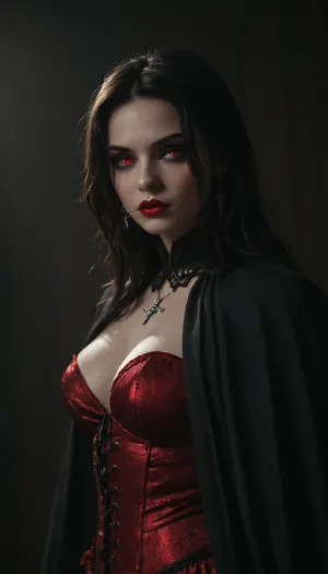 Regal female vampire countess, tall, (pale porcelain skin), long raven black hair, ruby-red eyes, crimson lips, blood-red velvet gown with corset, black cloak, ruby jewelry, inverted silver cross, alluring yet dangerous, dark sapphic glamour, gothic, realistic, dramatic lighting., hkstyle, <lora:hkstyleV5:.8>, <lora:dark:.8>