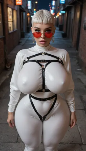 (((tight fitting glossy white high cut bodysuit))), skinny skin, black leather chest harness, beautiful face, wearing red sunglasses, (oversized thick thighs:1.5), bare huge large rounded breasts, bitting lip, waist, bimbo lips, (oversized wide hips:1.5), standing near street lighter, (((front view from above))), night neon city, neon city lights, dark alley, sexy pose, open bust