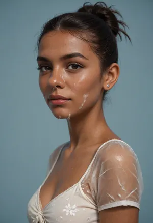 (brown skinned Indian woman looking at viewer:1.3), (dark skinned brown lips), (slightly bent hooked nose:1.2), (very arched nose:1.3), jawline, slightly side view, (short sleek straight tied hair:1.3), arrogant, (black hair), hooked nose, plucked eyebrows, dark complexion, (transparent liquid, wet face), (cum on her face, bukakke), white summer dress, cleavage, dark blue background, short sleeves, puffer sleeves, (flower print on dress:.8), millinery, fascinator, faint smile