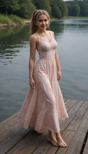 1girl, solo, masterpiece, newest, absurdres, best quality, amazing quality, very aesthetic, ultra-detailed, highly detailed, delicate, dreamy, vibrant colors, natural shadow, dappled light, high angle side view, full body, wide shot, long shot, bare foot, kaela20, blonde hair, long hair, ponytail, red eyes, smile, open mouth, The Swedish National Costume, Sverigedrakten, long dress, lake, wooden pier, sitting on pier, water kicking, 748cmstyle, dynamic pose, foreshortening, extreme perspective