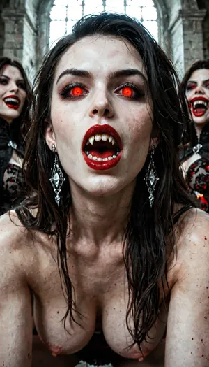 Photographic. Dynamic. View of three, (3), beautiful women with a demon face Vampire Fangs Teeth, eyes black and reflective, crawling towards camera on their knees
All have pale skin and black lips, with snarling evil faces. Their breasts are exposed.

The woman on the left is skinny with small exposed breasts and long white hair. The centre woman is slender, with large saggy breasts, black hair with her mouth open showing her impressive long fangs, (she hisses at the viewer), The woman on the right is voluptuous and has red hair, Their legs blend in to the shadows.

They are surrounded by shadows in medieval castle, highly detailed, high budget, bokeh, cinemascope, moody, epic, gorgeous, film grain, grainy, (()), dark, fantasy, Subspecies, style, <lora:dark_fantasy_art:1.4>, <lora:Subspecies style:1.3>