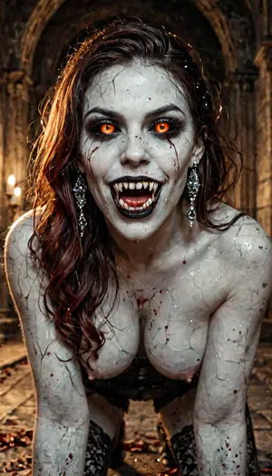 Photographic. Dynamic. Realistic. View of three, (3), beautiful women with a demon face Vampire Fangs Teeth, their eyes are black and reflective, crawling towards camera on their knees
All have pale skin and black lips, with snarling evil faces. Their breasts are exposed. Tiny droplets of blood fleck their mouths and breasts.

The woman on the left is skinny with small exposed breasts and long white hair. The centre woman is slender, with large saggy breasts, black hair with her mouth open showing her impressive long fangs, (she hisses at the viewer), The woman on the right is voluptuous and has red hair, Their legs blend in to the shadows.

They are surrounded by shadows in medieval castle, highly detailed, high budget, bokeh, cinemascope, moody, epic, gorgeous, film grain, grainy, (()), dark, fantasy, Subspecies, style, black, sclera, eyes, <lora:dark_fantasy_art:1.4>, <lora:Subspecies style:.6>, <lora:black sclera:1.6>