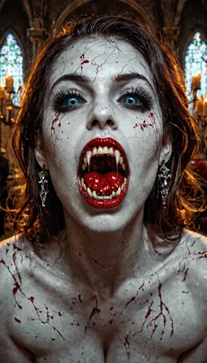 Brides of Dracula. Whores of Satan. Photographic. Dynamic. Realistic. View of three, (3), beautiful women with a demon face Vampire Fangs Teeth, their eyes are black and reflective, crawling towards camera on their knees
All have pale skin and black lips, with snarling evil faces. Their breasts are exposed. Tiny droplets of blood fleck their mouths and breasts.

The woman on the left is skinny with small exposed breasts and long white hair. The centre woman is slender, with large saggy breasts, black hair with her mouth open showing her impressive long fangs, (she hisses at the viewer), The woman on the right is voluptuous and has red hair, Their legs blend in to the shadows.

They are surrounded by shadows in medieval castle, highly detailed, high budget, bokeh, cinemascope, moody, epic, gorgeous, film grain, grainy, (()), dark, fantasy, Subspecies, style, black, sclera, eyes, <lora:dark_fantasy_art:1.4>, <lora:Subspecies style:.6>, <lora:black sclera:1.6>