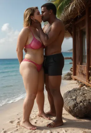 detailed photo, high quality, high resolution, Full-length photo, (an, (interracial), (bungalow:1.2), near bungalow, (huge black guy:1.7), an athletic black guy kissing a woman), Athletic black man holds a woman in his arms, a kiss, hot, passionate, young milf, mature woman, married woman, blonde, straight hair, short hair, golden hair, detailed face, passionate face, excited face, arrogant face, high-quality eyes, beautiful brown eyes, a woman has a small nose, cheeks, plump cheeks, plump lips, white teeth, (The woman is shoked), the woman is screaming, a woman has large saggy breasts, hanging tits, large breasts, small tummy, tummy, medium-sized ass, round ass, plump legs, thick legs, a woman is slightly tanned, tanned skin, tanned face, woman wearing pink swimsuit, dark pink open swimsuit, dark pink underpants, dark pink bra, black man, goes, man kiss woman, man, (black young man, big black guy), (muscular guy:1.4), huge guy, tall guy, strong arms, fit black hooligan, guy in black swim trunks, bare torso, (The big black man hold the woman on his arms), beach bungalow, the bungalow, a black guy in short swim trunks, green, eyes, blue, brown, perfecteyes, african, israeli, english, arabic, chain, piercing, earring, blackandwhite, color, profile, jacket, shorts, tank, rustic, beachfront, bung4l0w, <lora:PerfectEyesXL:1>, <lora:338632_training_data:1>, <lora:rustic_beachfront_bung4l0w:1.2>