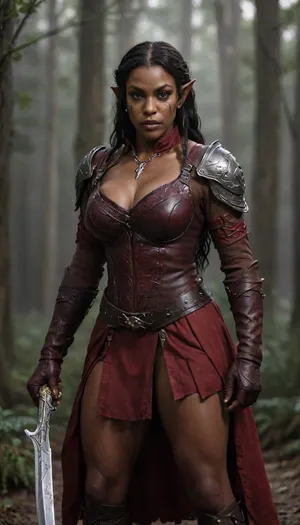 (masterpiece), (best quality), (official art), highly detailed, photorealistic, cinematic lighting, dramatic pose, full body shot, detailed character design, a fierce, (dark-skinned warrior elf:1.2), with black braids, white glove eyes, intricate tribal facial markings in red, piercing dark eyes, ((wearing elaborate dark leather armor:1.3), with hints of red accents, flowing dark scarf, bead necklaces, multiple utility straps, fingerless gloves), she grips two, (swords:1.1), in battle-ready stance, a night, (forest landscape background:1.1), overcast sky, moon, fog, volumetric light, dynamic composition, dramatic shadows, Unreal Engine, Octane Render, 8K, vivid colors, deep shadows, liv_arwen, muscle_bimbo, <lora:arwen_prodigy_sdxl_3300:2>, <lora:Muscle_Bimbo_SDXL:2>