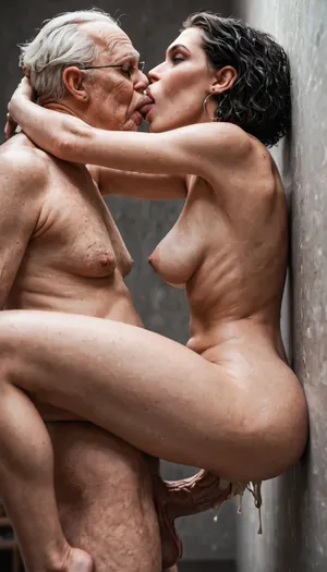 ultra detailed, beautiful mature woman, 69 years old, bobcut black hair, ((medium flat saggy empty breasts:1.4)), curvy, shaved vagina, cowgirl sex, very old man, ((massive cock:1.3)), fucking her pussy, her tits hanging in his face, breastfeeding, natural giant tits, topless, bedroom, sex with very old man, man against a wall, girl looking back, back view, girl caressing a very old man head, loving, love atmosphere, intimate, romantic sex scene, lots of cum, cum leaking from pussy, detailed image, high resolution, highres, side view