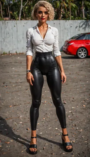 athletic female fitness mommy, milf, (55 years old), torpedo breasts, tall, tanned, skinny, (striped dress shirt:1), (low waist black skin tight leather leggins:1), (flat leather sandals), blonde pixie haircut, expensive patek philippe natilus sports watch, rich, posh, chavette, (skin:1.3), [GothGal, better_leggings], skintight, pants, woman, style, txbeachlovers, uberfit, athletic, f1t_k1tty, SaggySlimXL, uhang, yhang, advntr, 111cine8matic55