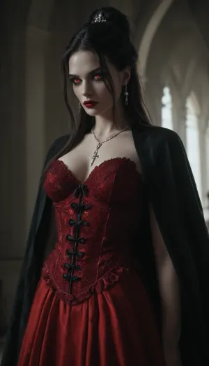 Regal female vampire countess, tall, (pale porcelain skin:1.4), (long black hair), (elegant fancy updo hairstyle), ruby-red eyes, crimson lips, blood-red velvet gown with corset, black cloak, ruby jewelry, inverted silver cross, alluring yet dangerous, dark sapphic glamour, gothic, realistic, dramatic lighting., hkstyle, <lora:hkstyleV5:.8>, <lora:dark:.8>