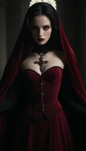 Regal female vampire countess, tall, (pale porcelain skin:1.4), (long black hair), (elegant fancy updo hairstyle), ruby-red eyes, crimson lips, blood-red velvet gown with corset, black cloak, ruby jewelry, inverted silver cross, alluring yet dangerous, dark sapphic glamour, gothic, realistic, dramatic lighting., hkstyle, <lora:hkstyleV5:.8>, <lora:dark:.8>