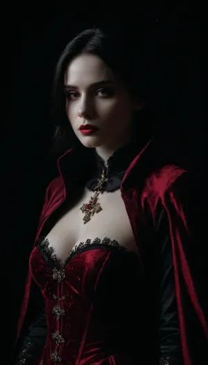 Regal female vampire countess, tall, (pale porcelain skin:1.4), (long black hair), (elegant fancy updo hairstyle), ruby-red eyes, crimson lips, blood-red velvet gown with corset, black cloak, ruby jewelry, inverted silver cross, alluring yet dangerous, dark sapphic glamour, gothic, realistic, dramatic lighting., hkstyle, <lora:hkstyleV5:.8>, <lora:dark:.8>