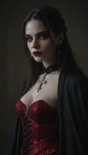 Regal female vampire countess, tall, (pale porcelain skin:1.5), (long black hair), (elegant fancy updo hairstyle), ruby-red eyes, crimson lips, blood-red velvet gown with corset, black cloak, ruby jewelry, inverted silver cross, alluring yet dangerous, dark sapphic glamour, gothic, realistic, dramatic lighting., hkstyle, <lora:hkstyleV5:.8>, <lora:dark:.8>