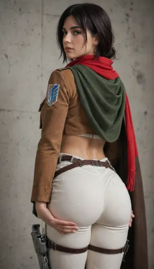(Character), Mikasa Ackerman from Attack on Titan, (Costume), wearing her Survey Corps uniform, including a dark green cloak, brown leather jacket, white pants, and red scarf, (Physique), detail face, She has her black hair tied back, large bust, curvy physique, (Accessories), holding dual Omni-Directional Mobility Gear blades, (Background), simple plain wall, (Expression), bending forward in a sexy way, hands groping her ass, (view), turning back, looking at the viewer, back straight view, butt view, (Image quality), 8k resolution, high definition, ultra high clarity.