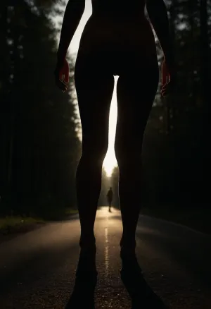 score_9_up, score_8_up, score_7_up, russian mature women, hourglass figure, landing strip, thigh gap, realistic body proportions, perfect anatomy, good hands with perfect fingers, super detailed skin texture, long legs, road in the morning forest, walking into the sunligh light, sun light in front of her, clear silhouette against sun light, sun shines between thighs, random pose, realistic shadows, natural depth of field, ultrarealistic, high quality reflections, uhd, 8k, chromatic aberratio, view from behind, ass close up, from below shoes, <lora:dark:.3>, stranger man walking down the road