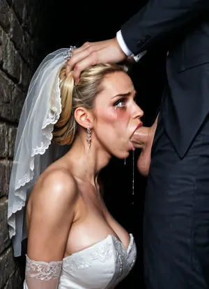 gorgeous woman, milf, wrinkles, legs apart, cleavage, white dress, sexy dress, (bride), white chocker, (wedding dress), (bridal dress), (fashion makeup), (sharp face features:1), large puffy lips, short hair, clothed, (black background), (blonde hair), (wide cheekbones), tanned, (deepthroat:1.3), (ballsdeep:1.3), (darkness), (dark night), (outdoor), (in the garden), (side view:1.3), (tears:1.2), (blushed eyes:1.2), (drool dripping:1.3), (drooling:1.3), (both hands on head), grabbing hair, (bride is leaning the wall:1.3), (bride is leaning back against the wall:1.3), (man pushes her against the wall:1.2), (looking at viewer), (eye contact), (forced sex:1.4), (rough oral sex:1.2), (upper body view:1.3), standing man is fucking her mouth, (wall:1.2)