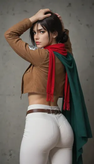 (Character), Mikasa Ackerman from Attack on Titan, (Costume), wearing her Survey Corps uniform, including a dark green cloak, brown leather jacket, white pants, and red scarf, (Physique), detail face, She has her black hair tied back, large bust, curvy physique, (Accessories), holding dual Omni-Directional Mobility Gear blades, (Background), simple plain wall, (Expression), standing straight in a sexy way, hands over her head, (view), turning back, looking at the viewer, back straight view, butt view, (Image quality), 8k resolution, high definition, ultra high clarity.