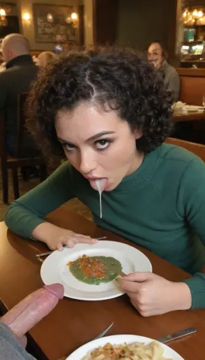 I cum on girlfriend's plate, on table. and I force her to eat food she doesn't like. I humiliate her in front of the crowd at the luxurious restaurant, she is angry, she is wearing a dark green cashmere pullover, she has short dark curly hair