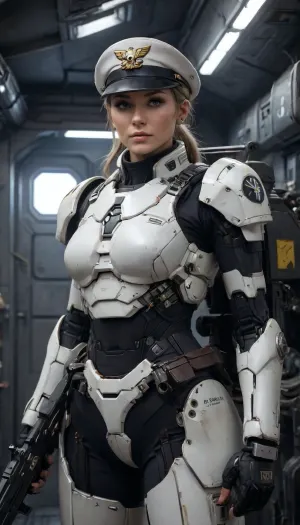 a full body fashion photo of a swedish social media influencer as a female imperial officer wearing a white uniform, she has her hair in a bun, officer cap, white armor in a sci-fi ship barracks, dark interior, cinematic, film grain, (cinematic still:1.2), 20mm photograph, film, 4k, highly detailed, (atmosphere:1.2), (haze:1.3), soft ambient lighting, (color), FemaleCombinedSuperRobots_XL_Vol1_2023_09_25, .5>, Starship-trooper-uniform-with-helmet, starship-trooper-pilot, Starship-trooper-officer-uniform, with, hat, Starship-trooper-beret, holding, Starship-trooper-rifle, Wearing, dog, tags, black, tank, top, <lora:Mecha_Ggorgeous_Armor-000011:2>, <lora:lasgunXLLoRAv1:2>, <lora:432171_training_data:.8>