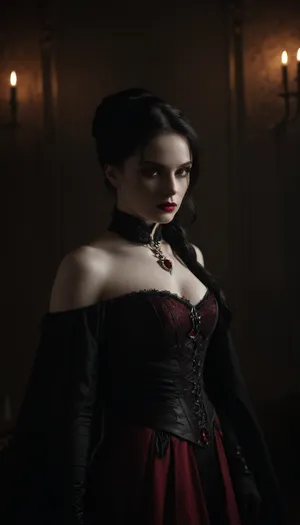 Regal female vampire countess, tall, (pale porcelain skin:1.4), (long black hair), (elegant fancy updo hairstyle), ruby-red eyes, crimson lips, blood-red velvet gown with corset, black cloak, ruby jewelry, inverted silver cross, alluring yet dangerous, dark sapphic glamour, gothic, realistic, dramatic lighting., hkstyle, <lora:hkstyleV5:.8>, <lora:dark:.8>