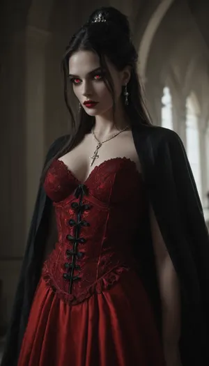 Regal female vampire countess, tall, (pale porcelain skin:1.4), (long black hair), (elegant fancy updo hairstyle), ruby-red eyes, crimson lips, blood-red velvet gown with corset, black cloak, ruby jewelry, inverted silver cross, alluring yet dangerous, dark sapphic glamour, gothic, realistic, dramatic lighting., hkstyle, <lora:hkstyleV5:.8>, <lora:dark:.8>