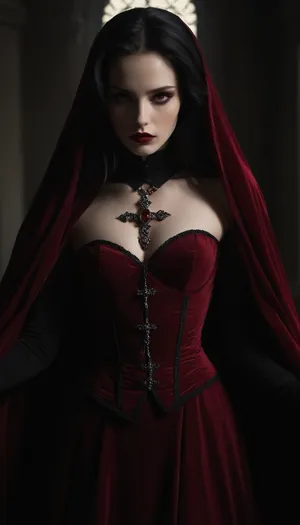 Regal female vampire countess, tall, (pale porcelain skin:1.4), (long black hair), (elegant fancy updo hairstyle), ruby-red eyes, crimson lips, blood-red velvet gown with corset, black cloak, ruby jewelry, inverted silver cross, alluring yet dangerous, dark sapphic glamour, gothic, realistic, dramatic lighting., hkstyle, <lora:hkstyleV5:.8>, <lora:dark:.8>