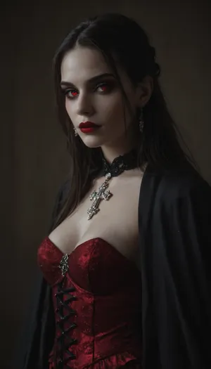 Regal female vampire countess, tall, (pale porcelain skin:1.5), (long black hair), (elegant fancy updo hairstyle), ruby-red eyes, crimson lips, blood-red velvet gown with corset, black cloak, ruby jewelry, inverted silver cross, alluring yet dangerous, dark sapphic glamour, gothic, realistic, dramatic lighting., hkstyle, <lora:hkstyleV5:.8>, <lora:dark:.8>