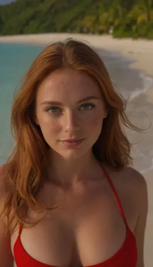 photo, 8k, ultimate realism, elegant, highly detailed, majestic, candid photo, (masterpiece, sidelighting, finely detailed beautiful eyes:1.2), hdr, realistic, high definition, natural busty body, 1990sanalogphoto, raw, light, leak, college student, British female, athletic, ginger hair, long straight hair, pale white skin, freckles, Green eyes, red bikini, at a beach in bora bora, smiling to the camera