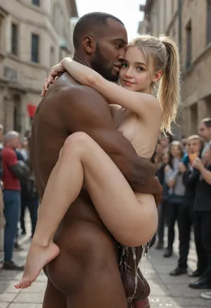 8k, uhd, photorealistic, (((interracial))), (strong tall man, lean and muscular man:1.3), ((extreme oversized penis:1.4)), (carry fuck), 18 year old, (petite:1.3), ((small body:1.4)), (glistening skin:1.1), small breasts, (light platinum blonde:1.3), high ponytail, hugging, (leg lock:1.3), anal sex, anal squirt, (excessive cum:1.4), (huge size difference:1.7), nice bubble butt, breasts visible, (perfect smile:1.4), (large eyes:1.2), (looking up), (close view of face:1.3), side angle view, in dark medieval prison, flat, chested, 4ng3l, face, (crowd of people), <lora:detailed_notrigger:1.1>, <lora:flat_chested_v3.5:1.6>, <lora:SDXL_BetterFaces-LoRA_v1:1.6>, <lora:crowd_notrigger:2>, <lora:Medieval_Prison-SDXL:.3>