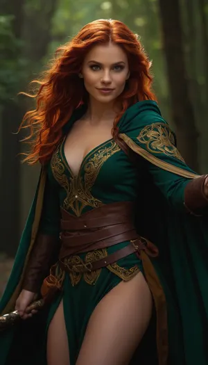 Full-body portrait of a graceful and charming half-elf bard, mid-30s, from Dungeons & Dragons, with flowing wavy crimson-red hair, vivid emerald-green eyes, and a confident, playful smile. She wears a fitted, flamboyant adventurer’s outfit with intricate embroidery, leather accents, and a swirling cloak that catches the wind. Two beautifully curved scimitars hang at her hips, their polished blades gleaming in warm golden light. Her stance is poised, blending the elegance of a dancer with the precision of a duelist. Fantasy setting, dramatic cinematic lighting, rich colors, ultra-detailed, high fantasy art style, by Magali Villeneuve and Dan Dos Santos, 8k resolution, hyper-realistic, masterpiece.