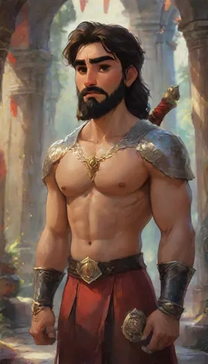 A heroic male paladin in a fantasy medieval setting, inspired by traditional Sikh features. He is 35 years old, tall and broad-shouldered with a noble and disciplined posture. His skin is warm brown, his face strong and symmetrical with high cheekbones, a squared jawline, and a calm, focused expression. He has deep-set dark brown eyes full of compassion and strength, thick eyebrows, and a straight nose. His full black beard is neatly groomed, and his hair is tied and covered beneath a royal red turban adorned with a silver emblem at the front. His lips are full but firm, closed in a meditative calm. He wears elegant chainmail armor** beneath flowing saffron and crimson robes** trimmed in gold. His chest bears a divine symbol, and his right hand holds a curved saber, (kirpan), while his left grips a steel shield etched with celestial runes. His muscular arms and legs are partially covered by polished armor plates, with brown leather boots and arm bracers. A prayer book is tied to his belt. The background is a sunlit temple courtyard in Durpar, with sandstone columns and hanging banners. His presence radiates divine strength, honor, and peace. High fantasy, realistic digital art style, best quality, 8k, insane details, intricate details, hyperdetailed, hyper quality, high detail, ultra detailed, professional, HDR, ray tracing reflection, cinematic lighting, highlydetailedbody, realisticface, highlydetailedhair, insanelydetailed, 8K.highdetailedskin, highresolution, perfectfingers, (j_cartoon:1.5), Drawing, <lora:detailed_notrigger:.7>, <lora:samdoesarts1.1-000030:.4>, <lora:J_cartoon:.3>, <lora:Animated_Concept:.4>