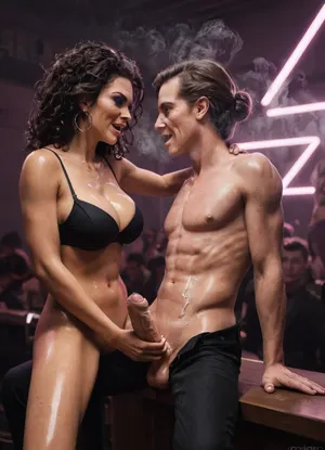 thick hair, messy hair, hetero, (fitted sexy pants:1.2), fashion makeup, (wicked grin:.6), (large puffy lips:1.1), (legs spreading), (milf), (black basic bra:1.1), cleavage, seductive, (open mouth), (veiny penis:1), snub-nosed, wide jaw, (sharp face features:1.2), (sitting on man), (teasing:1.2), (erotic dancing:1.3), (grinding:1.4), cowgirl, (riding), freckles, girl on top, (gorgeous striper:1.2), (standing above), (oiled body:1.2), back is arched, (foreskin:1.2), neon lights, (femdom), (mistress), (steam in background:1.2), (low lighting:1.3), (wrinkles:1), (posing:1.2), (touching penis by crotch:1.2), (grinding penis by crotch:1.2), (slender), (side view:1.3), (ruined orgasm), (cumshot), (realistic cum on stomach), (naked belly button), (pressing penis to her stomach:1.2), (hugging close:1.3), (holding penis), (handjob), (seducting:1.3)