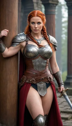 ((curvy, tall, gorgeous, curvy viking warrior, red braided hair)), ((MATURE 50 year old Scandinavian woman)), non-existent breasts, redhead, blue eyes, ((perfect hands, high details)), (epic background, fantasy world, carved wooden pillars), in a sexy brown leather battle armor, a straight double-edged viking sword in her right hand, the correct position of the sword, in fighting stance, at the time of battle
