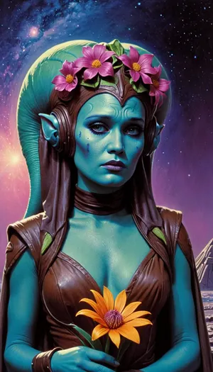 (crying:1.4), Melancholy curvaceous, (Twi'Lek girl), (withering cosmic flower:1.4), she's sad, painted in vivid 80s fantasy pulp paperback style, with neon starlight and dramatic space backdrops., 80s, vintage, pulp, sci-fi, magazine, cover, cinematic, expression, grimoire_noir, vntgpstr, hera, syndulla, 1980s, Fantasy, Style, vivid, color, sad, sorrowful, looking, tears, <lora:grimoire_noir:.8>, <lora:vntgpstr:.8>, <lora:Hera_Syndulla_XL:.8>, <lora:1980s_Fantasy_Style_SDXL:.8>, <lora:polyhedron_tears-000003:.8>