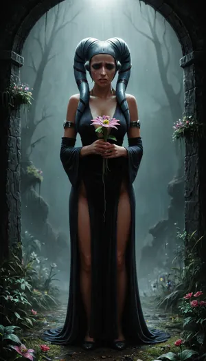 (Full body shot:1.4), (crying:1.4), Melancholy curvaceous, (Twi'Lek girl), (holding a withering bioluminescent flower:1.4), she's sad, painted in vivid 80s fantasy pulp paperback style, with neon starlight and dramatic space backdrops., 80s, vintage, pulp, sci-fi, cinematic, expression, grimoire_noir, hera, syndulla, 1980s, Fantasy, Style, vivid, color, sad, sorrowful, looking, tears, Curvy, body, <lora:grimoire_noir:1.4>, <lora:Hera_Syndulla_XL:.8>, <lora:1980s_Fantasy_Style_SDXL:1.3>, <lora:polyhedron_tears-000003:.8>, <lora:b8174d41-8ba7-4318-bc14-53ee7e353d91.TA_trained:.8>