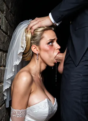 gorgeous woman, milf, wrinkles, legs apart, cleavage, white dress, sexy dress, (bride), white chocker, (wedding dress), (bridal dress), (fashion makeup), (sharp face features:1), large puffy lips, short hair, clothed, (black background), (blonde hair), (wide cheekbones), tanned, (deepthroat:1.3), (ballsdeep:1.3), (darkness), (dark night), (outdoor), (in the garden), (side view:1.3), (tears:1.2), (blushed eyes:1.2), (drool dripping:1.3), (drooling:1.3), (both hands on head), grabbing hair, (bride is leaning the wall:1.3), (bride is leaning back against the wall:1.3), (man pushes her against the wall:1.2), (looking at viewer), (eye contact), (forced sex:1.4), (rough oral sex:1.2), (upper body view:1.3), standing man is fucking her mouth, (wall:1.2)