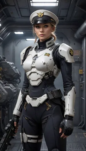 a full body fashion photo of a swedish social media influencer as a female imperial officer wearing a white uniform, she has her hair in a bun, officer cap, white armor in a sci-fi ship barracks, dark interior, cinematic, film grain, (cinematic still:1.2), 20mm photograph, film, 4k, highly detailed, (atmosphere:1.2), (haze:1.3), soft ambient lighting, (color), FemaleCombinedSuperRobots_XL_Vol1_2023_09_25, .5>, Starship-trooper-uniform-with-helmet, starship-trooper-pilot, Starship-trooper-officer-uniform, with, hat, Starship-trooper-beret, holding, Starship-trooper-rifle, Wearing, dog, tags, black, tank, top, <lora:Mecha_Ggorgeous_Armor-000011:2>, <lora:lasgunXLLoRAv1:2>, <lora:432171_training_data:.8>