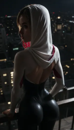 night, clear weather, (((18 years old))), (((young))), (spider girl Gwen Stacy), Braided side Side Cornrows Hair, (tight outfit), athletic body, hood on head, hip gap, (narrow waist:1.3), (blonde with pink strands), (view from behind and above:1.4), climbs to the roof of a high-rise building, (makeup), New York day, ((pussy cameltoe:.6)), wet clothes, (oiled skin:1.4), (wet tight bodysuit), hand, 1girl, (athletic ass), medium natural breast, (high detailed face:1.5), dim lights, (hard nipples:.8), <lora:HandFineTuning_XL:1>, <lora:MGLRbodysuit_sdxl:.6>, <lora:uberfit_lora_sdxl:.4>, <lora:dark:.3>, (chiaroscuro lighting:.3)