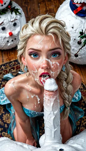 Elsa, Frozen, Disney, kneeling, snowman cock cumming, bukkake snowman blowjob