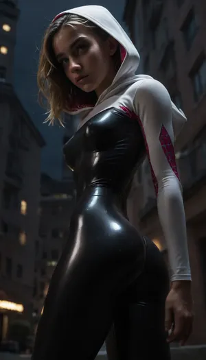 night, clear weather, (((18 years old))), (((young))), (spider girl Gwen Stacy), Braided side Side Cornrows Hair, (tight outfit), athletic body, hood on head, hip gap, (narrow waist:1.3), (blonde with pink strands), (view from side and below:1.4), climbs to the roof of a high-rise building, (makeup), New York day, ((pussy cameltoe:.6)), (wet clothes), (oiled skin:1.5), (wet tight bodysuit:1.8), hand, 1girl, (athletic ass), medium natural breast, (high detailed face:1.5), dim lights, (hard nipples:.8), <lora:HandFineTuning_XL:1>, <lora:MGLRbodysuit_sdxl:.6>, <lora:uberfit_lora_sdxl:.4>, <lora:dark:.3>, (chiaroscuro lighting:.3)
