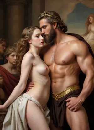 (((In the style of a Renaissance painting))), the Greek god Zeus fucking the Greek goddess Hera, penetration, dramatic, violent, beautiful, erotic