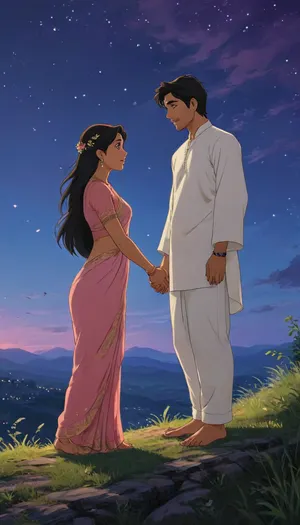 A romantic anime illustration of an Indian couple on a hilltop at twilight, inspired by the iconic scene from Your Name. Showing the couple in full body with the expansive glowing twilight sky rising above them. The woman wears a traditional saree with blouse, bangles, earrings, and necklace, elegant and graceful, her long hair and saree fabric dramatically swept upward and flowing wildly in the strong wind. The man wears a white kurta, his kurta fabric also caught in the heavy breeze. They stand facing each other, close, almost touching hands, filled with deep emotion. Cinematic low-angle perspective, radiant twilight horizon behind them, streaks of orange, pink, and purple fading into deep blue, stars twinkling in the background sky. Dramatic, atmospheric, poetic, highly detailed anime art with expressive line work, dynamic wind motion, and a magical romantic atmosphere. Cinematic and atmospheric composition, romantic, artistic, gufeng influence, ink and wash textures, Saree, Indian, ac_neg1, <lora:transparent-saree:1>, <lora:XLSarees1:1>, <lora:J_cartoon:.6>, <lora:zavy-ctflt-sdxl:.6>