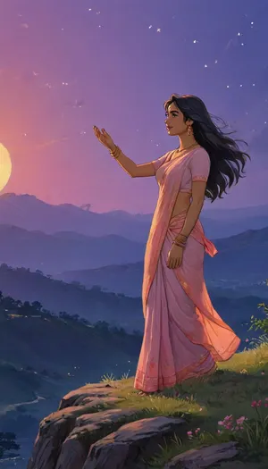 A romantic hand-drawn illustration of an Indian couple on a hilltop, inspired by the cinematic style of the anime Your Name. Wide shot, showing the couple from a slight distance with more of the surrounding hilltop and vast sky in frame. Detailed sketch style with soft muted colors, expressive pencil and watercolor textures, fine line art, and intricate shading., (Female), The woman wears a traditional saree with blouse, bangles, earrings, and necklace, elegant and graceful, her long hair and saree dramatically flowing in the air, lifted by the wind in soft, natural waves., (Male), The man wears a white kurta, looking tenderly at her, his kurta fabric also visibly flowing in the breeze. They stand close together, holding hands, facing each other in an intimate, emotional moment. Low-angle perspective, expansive twilight sky glowing behind them, streaks of orange, pink, and purple blending into deep blue, with stars faintly visible in the background. Cinematic and atmospheric composition, romantic, poetic, artistic, gufeng influence, ink and wash textures, Saree, Indian, ac_neg1, <lora:transparent-saree:.8>, <lora:XLSarees1:.8>, <lora:J_cartoon:.6>, <lora:zavy-ctflt-sdxl:.6>