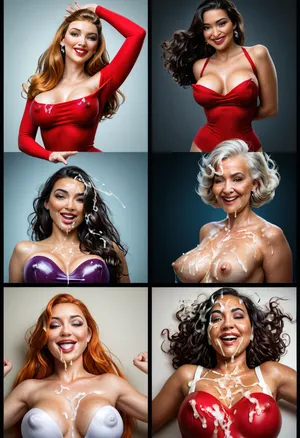 (multiple pictures in one, women bouncing up and down, breasts bouncing), (23 year old woman), realistic cum, long wet hair, (dynamic multiple pov), (older woman:1.5), (cum on clothes), cum on, (Cum flows), (cum on body), cum on hair, (cum on face), bukkake, (thick puffy nipples stretching her clothing), ((tight stretchy Clothes and body covered with thick runny dripping cum)), (), (mouth filled with cum), beautiful face, (cum on hair), (brunette tinkerbell and ginger styles and red haired moana and blonde velma and black haired Jessica rabbit, aged 23 years old), happy smiling orgasm face
