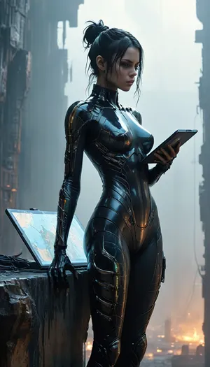 masterpiece, best quality, 8k, Tsutomu Nihei Blame! Manga style, dystopian industrial planet, a woman in a glossy black skin-tight suit, standing on the ledge of a gargantuan vertical rock wall, working with tablet, (face close-up:1.5), athletic physique, (she is holding a holographic tablet with planet map:1.4), abandoned, ruined alien megastructures, vast industrial abyss deep below shrouded in mist, countless pipes and machinery visible far down in the haze, steam rising from ruptures, piercing searchlights, strong backlighting creating a sharp black silhouette against the glow, immense scale, empty decaying industrial megastructure, cinematic, dramatic, atmospheric, style of Blade Runner 2049, volumetric light, haze, giger, tribals, sigilism, <lora:v4_CYBERGOTHIC:.8>, <lora:Industrial_Sci_Fi_SDXL_1.0:1.1>, <lora:MJ52:.8>